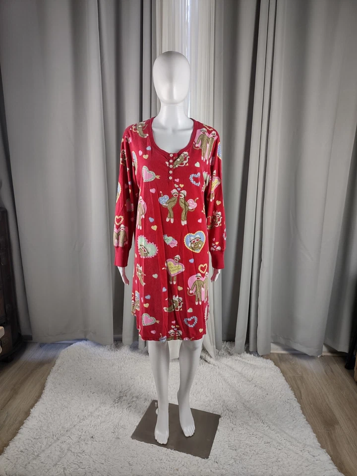 Nick & Nora Sock Monkey & Hearts Valentines 5 Button Nightgown Sleepwear Size XL - Image 2 of 4