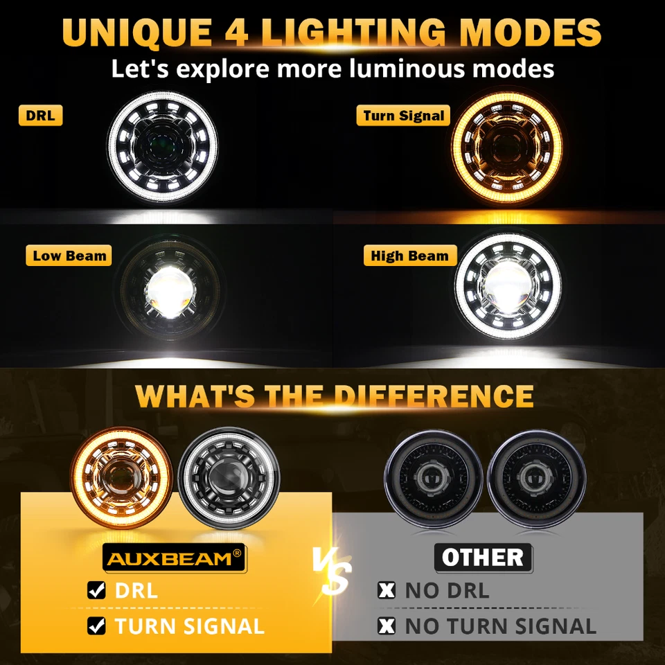AUXBEAM DOT 7 英寸 135 瓦 LED 车头灯带 DRL 和转向信号 高/低 适用于吉普牧马人 JK — 第 2/4 张图片