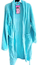 Ladies Plush Bathrobe Satin Trim Aqua Pockets Tie Waist One Size Fits Most New