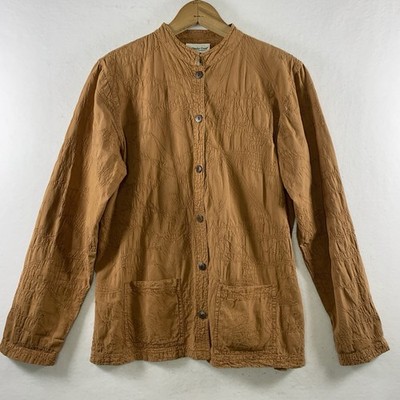 Womens Cotton Embroidered Button Shacket Top Medium Brown Boho Artisan India