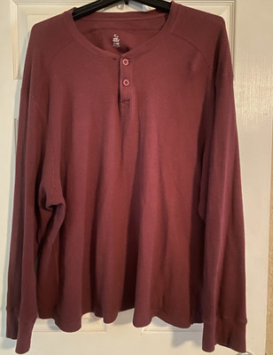 Open Trails Men's XXXL Burgundy Cotton Waffle Knit Henley Long Sleeve T-Shirt