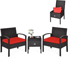3 Piece Wicker Patio Bistro Set W/Storage Space, Patio Conversation Furniture Se