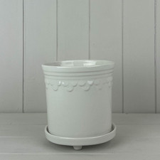 Ceramic White Plant Pot with Raised Saucer Scalloped Edge Glazed Planter Indoor