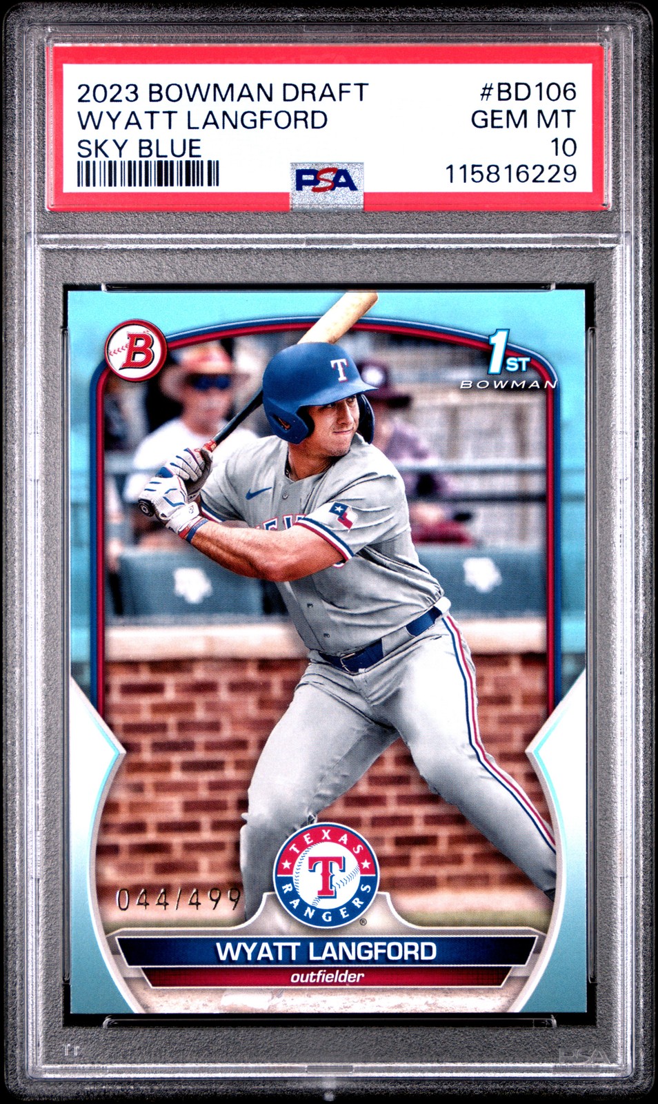 2023 BOWMAN DRAFT SKY BLUE #BD106 WYATT LANGFORD 44/499 PSA 10