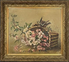 Antique Victorian Bird Apple Cherry Flowers Basket Still Life Painting on Board
