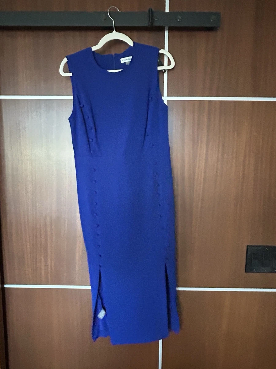 calvin klein navy blue dress sleeveless CALVIN KLEIN Navy Blue Sleeveless Shift Sheath Dress 8 Pockets Silver Accents