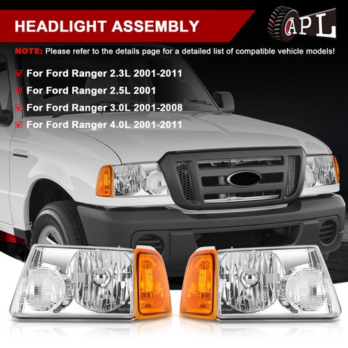 Fits 2001-2011 Ford Ranger Chrome Headlights Assembly Replacement Headlamps Pair - Picture 2 of 20