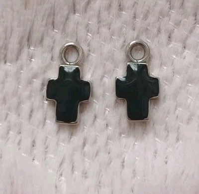 Vintage Silver Tone Black Enamel Small Thick Cross Earring Charms Hoop Enhancers