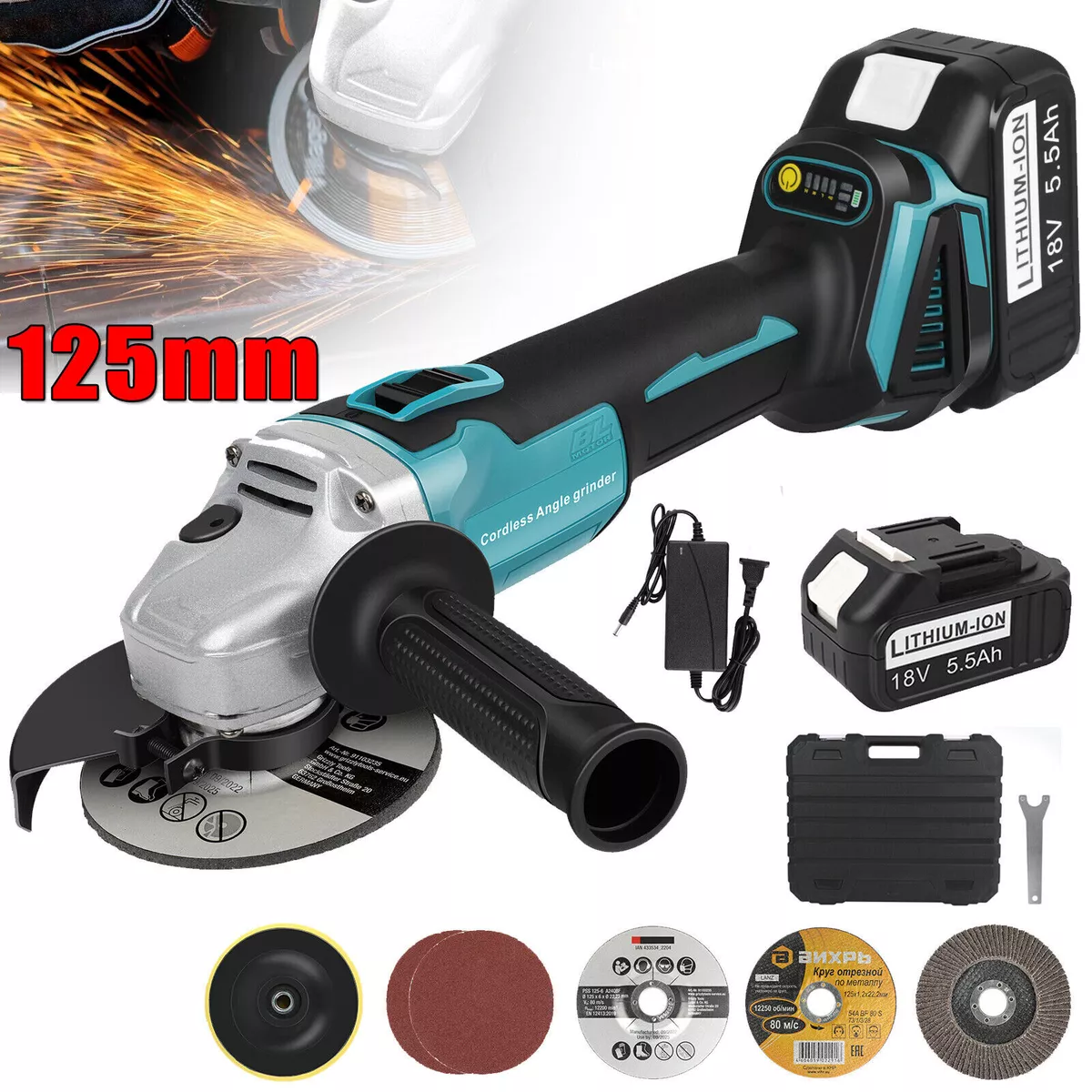 18V 125mm Cordless Brushless Angle Grinder Cut Off Grinding For