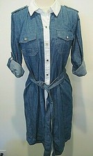 TORY BURCH DENIM SHIRT DRESS WHITE TRIM FRONT BUTTONS BELT SIZE 8