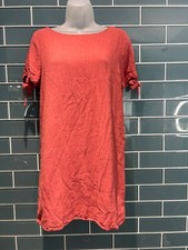 LULUS MAEVE BACK BUTTON TERRACOTTA RED TIE SLEEVE LINED LINEN SHIFT MINI DRESS M