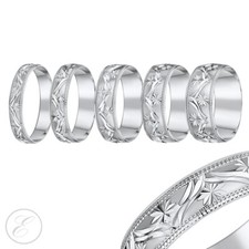 4mm-8mm 9ct White Gold Light Weight Leave Design & Beaded Edge 'D' Shaped Ring