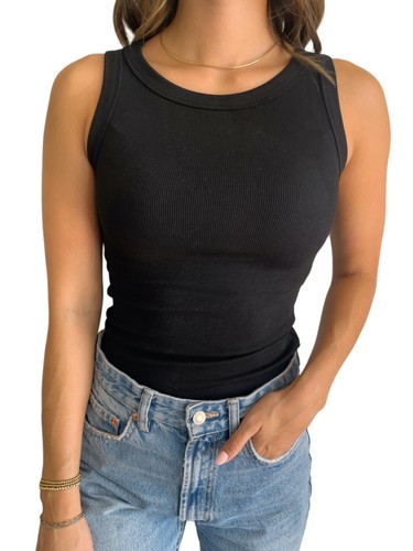 Women's Rib Knit Tank Size Medium Black Rayon/Spandex Raw Hem