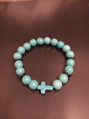 Mens 8” Turquoise Green Gemstone Howlite Beaded 10mm Stretch Bracelet Cross Gift - Picture 6 of 10