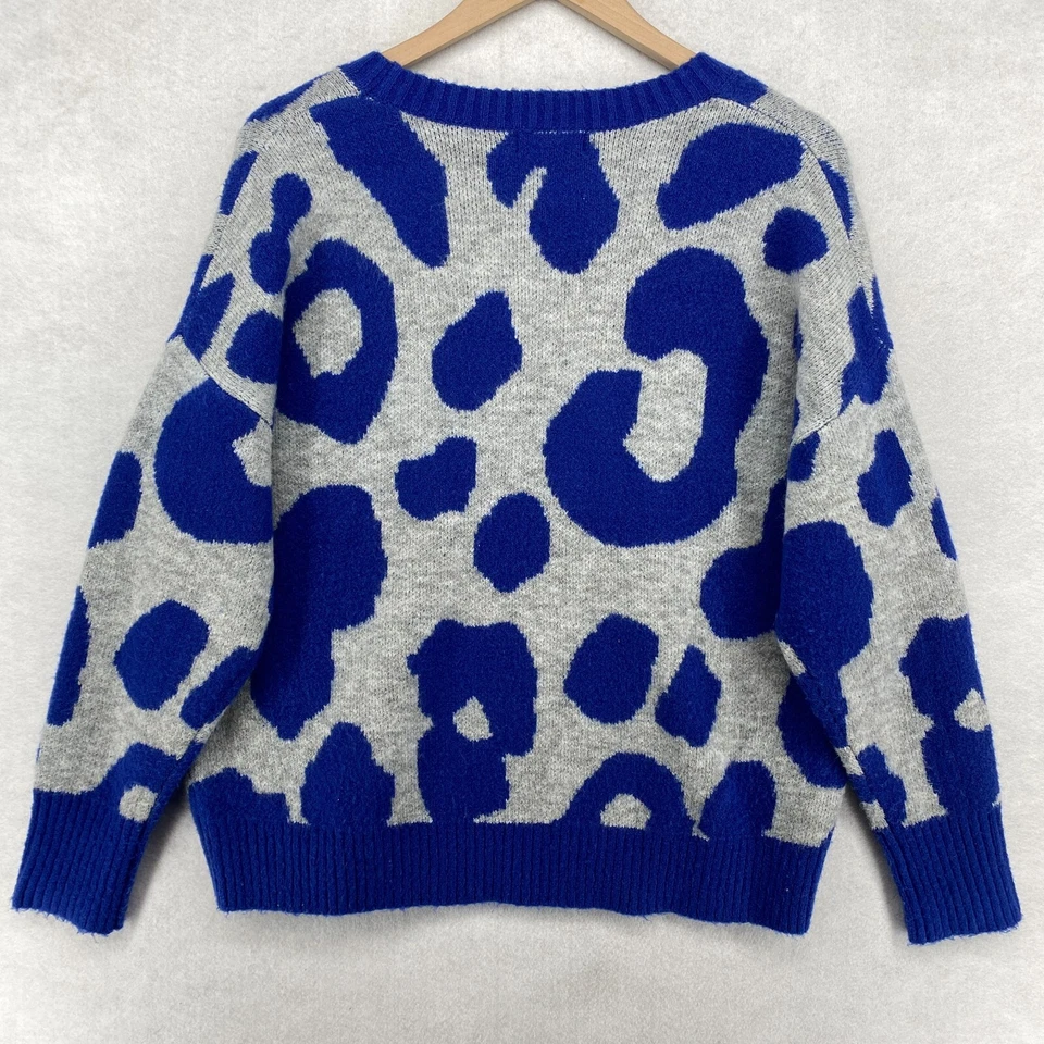 AQUA 毛衣女式 M 豹纹提花超大弹力圆领套衫蓝色 — 第 2/4 张图片