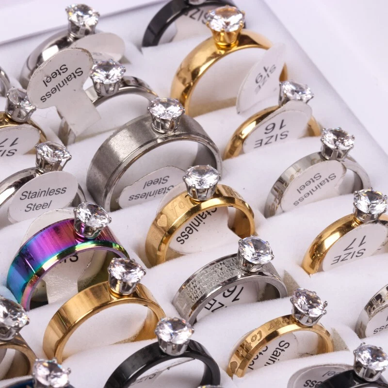 100pcs/box wholesale Gold CZ Zircon Stainless Steel women gift Wedding Band Ring - Image 4 of 4