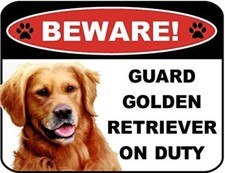 Beware Guard Golden Retriever on Duty v1 9 inch x 11.5 inch Laminated Dog Sign