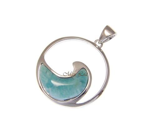 925 Sterling Silver Hawaiian Ocean Wave Natural Blue Larimar Pendant Charm - Picture 2 of 3