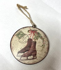 Large Round metal ice skating Ornament, Country decor, vintage look-6" diameter