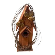 Handmade Rustic Birdhouse With Twig And Metal Flower