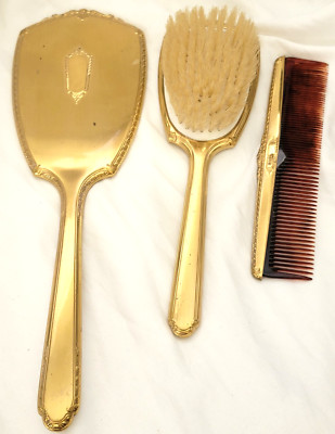 Vintage S&B Saart Brothers Bronze Gold Tone Vanity Set Mirror, Brush And Comb