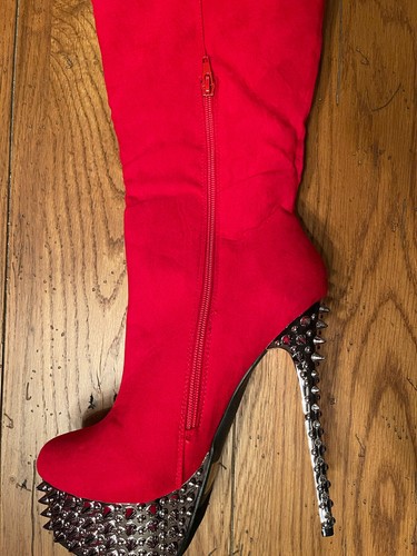 Kush Kouture Knee Hi Red 2" Spiked Platform 6" Stiletto High Heel Boots - 8.5 SZ - Picture 6 of 8