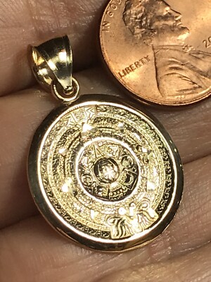 Real 14K Yellow Gold Aztec Mayan Calendar Pendant