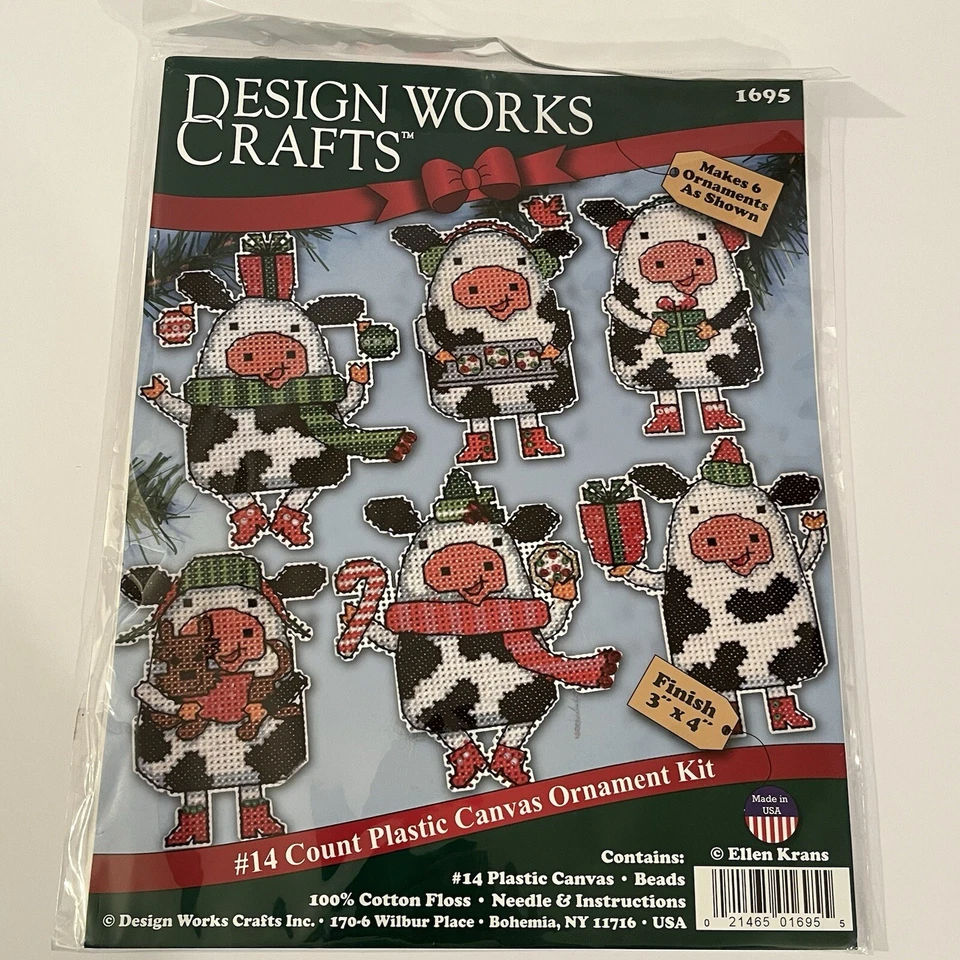 Christmas Plastic Canvas Ornament Kit COWS Design Works Crafts Ellen Krans NEW - Image 2 of 4
