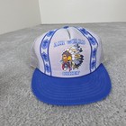 White 1980s US Air Force Indian Chief trucker hat with blue top, red band, and blue headdress graphic on front.