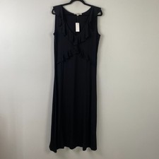 Loft Ruffle Midi Tank Dress Size 12 Black Stretch Sleeveless V Neck