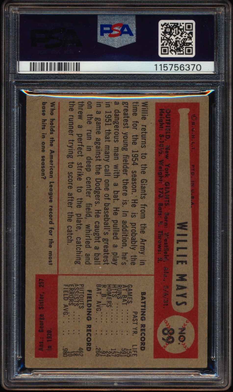 1954 Bowman #89 Willie Mays PSA 3 view 2