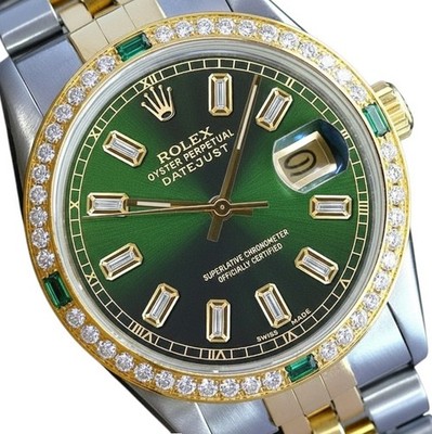 Rolex Datejust Unisex Two-Tone Watch Green Diamond Baguette Dial Emerald Bezel