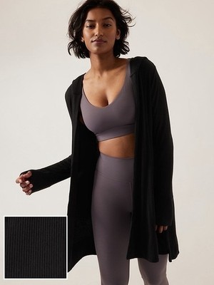 Athleta Harmony Pose Wrap M Black Ribbed Hooded Cardigan Open Front Thumbholes