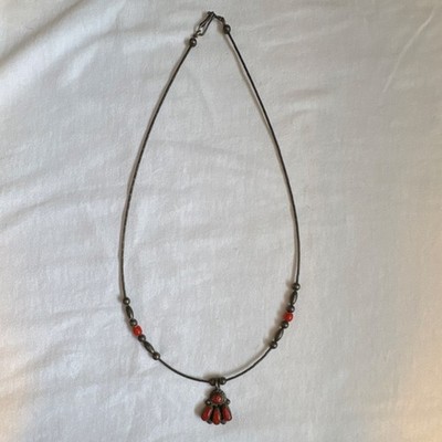 Bill & Lou Zuni Native American Coral Pendant Necklace Silver Beaded Charm
