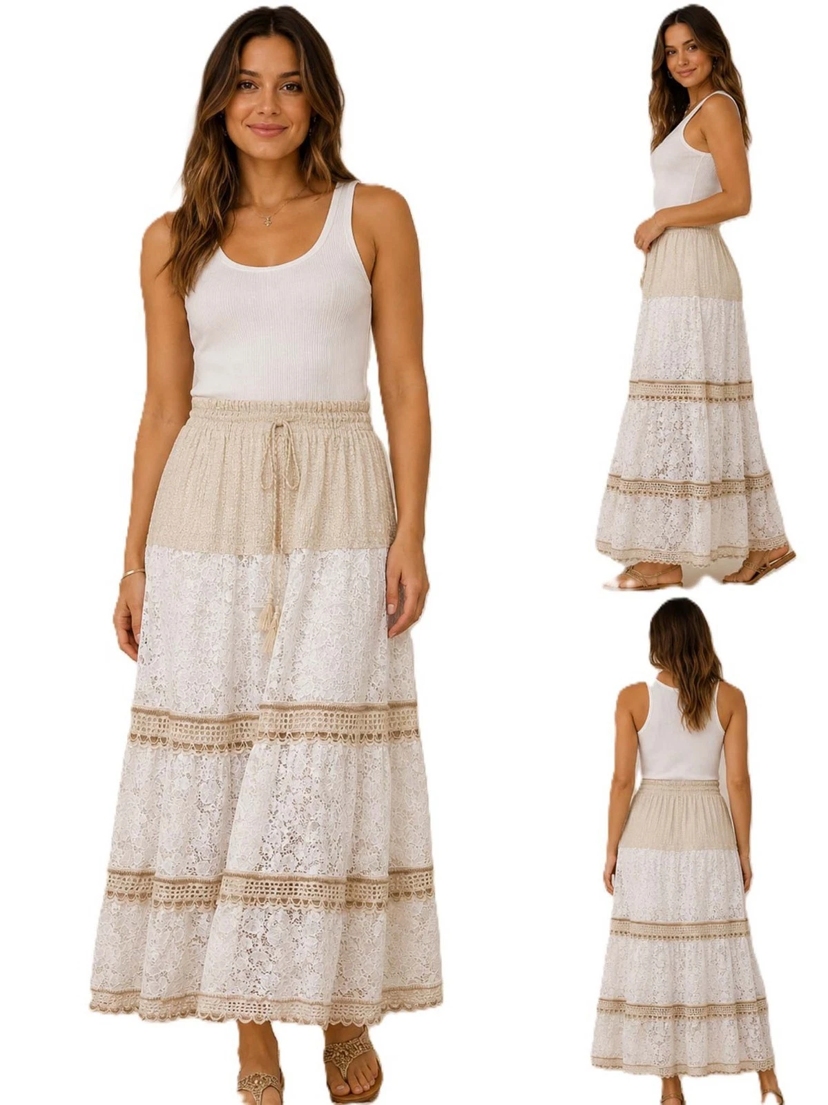 Women's Cotton Tiered Maxi Skirt Crochet Trim Summer Gypsy Skirt Elastic Waist
Opens in a new window