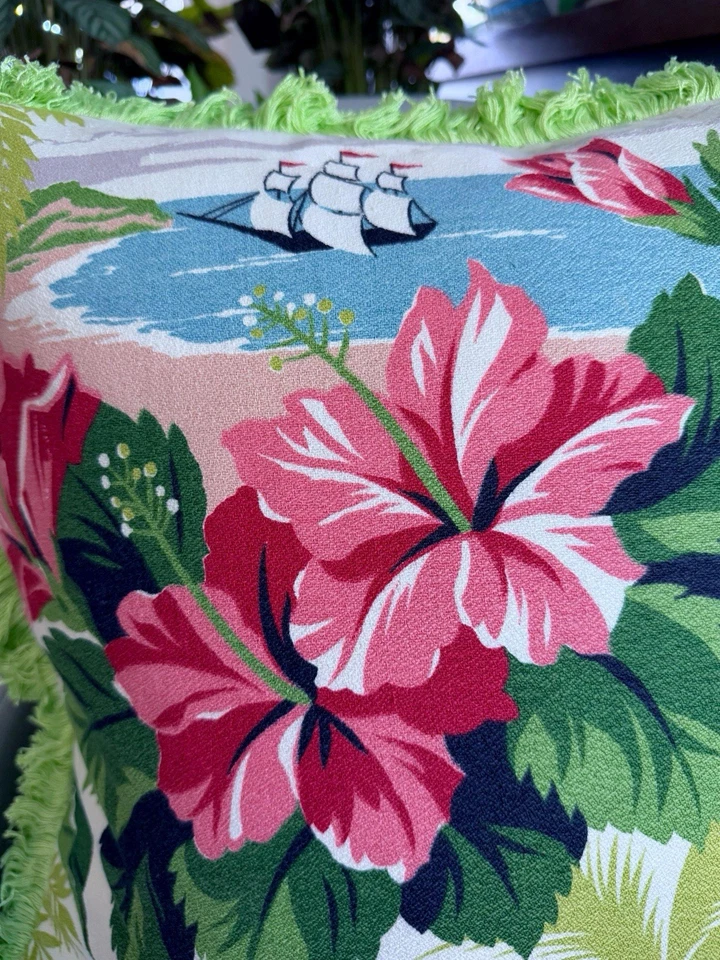 Key West Island Clipper Ship & Hibiscus Barkcloth Pillow Cover Vintage Fabric - Image 4 of 4