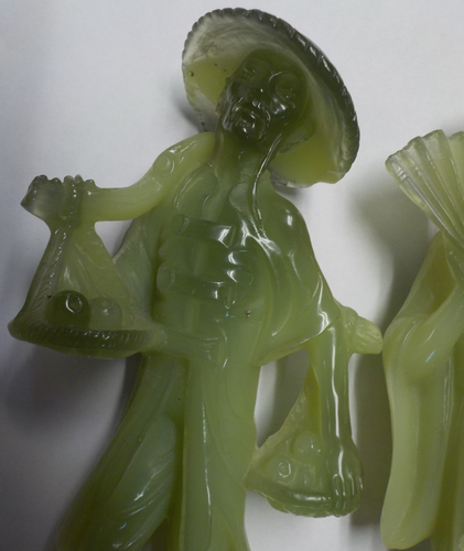 Vintage R. Santini Jade Green Asian Man & Women w/ Baby Sculptures Pair - Picture 3 of 14