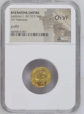 Justinian I, AD 527-565 BYZANTINE EMPIRE AV Tremissis Ch VF NGC Graded
