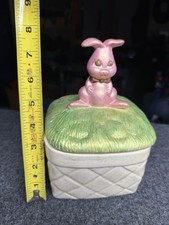 Vintage Pink Ceramic Bunny Trinket Box Rabbit on Grass Lid Easter Decor