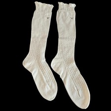 Antique Victorian Edwardian White Cotton Hand Knit Socks Stockings Bead Monogram