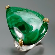 Handmade 28 ct Natural Malachite Ring 925 Sterling Silver Size 7.5 /R439704