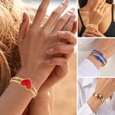 Vintage Enamel Hollow Open Bracelet Stainless Steel Hollow Double Layer Bangle#