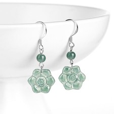 Natural Grade A Jade Jadeite S925 Silver Women Rose Flower Dangle Earrings