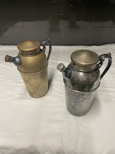 Pair Vintage Art Deco Hammered Cocktail Shakers Silverplate Brass Pour Spout