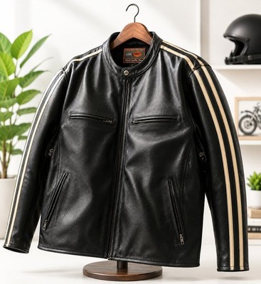 Classics Men's Perforated Black Leather Motorcycle Jacket with Racing Stripes