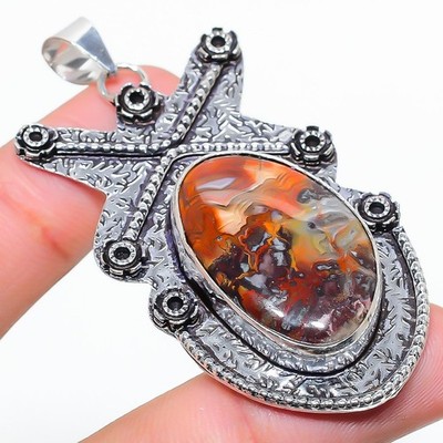 Crazy Lace Agate Gemstone 925 Sterling Silver Jewelry Pendant 2.44'' i000