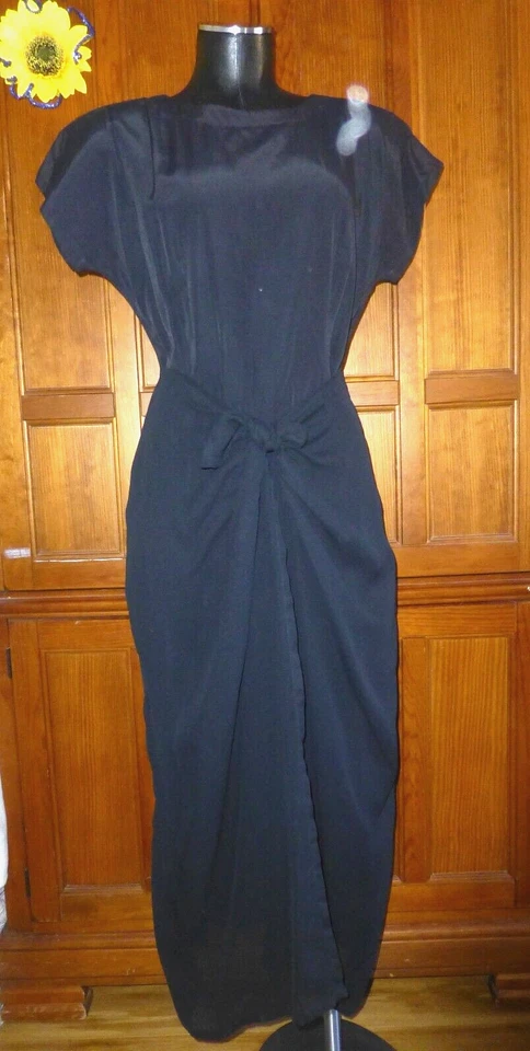 VESTIDO MIDI RETRO de colección años 80 negro de rayón de gasa envolvente falda de cóctel Foto 2 de 4