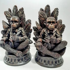 Vintage Pair Monkey Palm Bow Tie Bookends Heavy Resin Intricate/ Sophisticated 