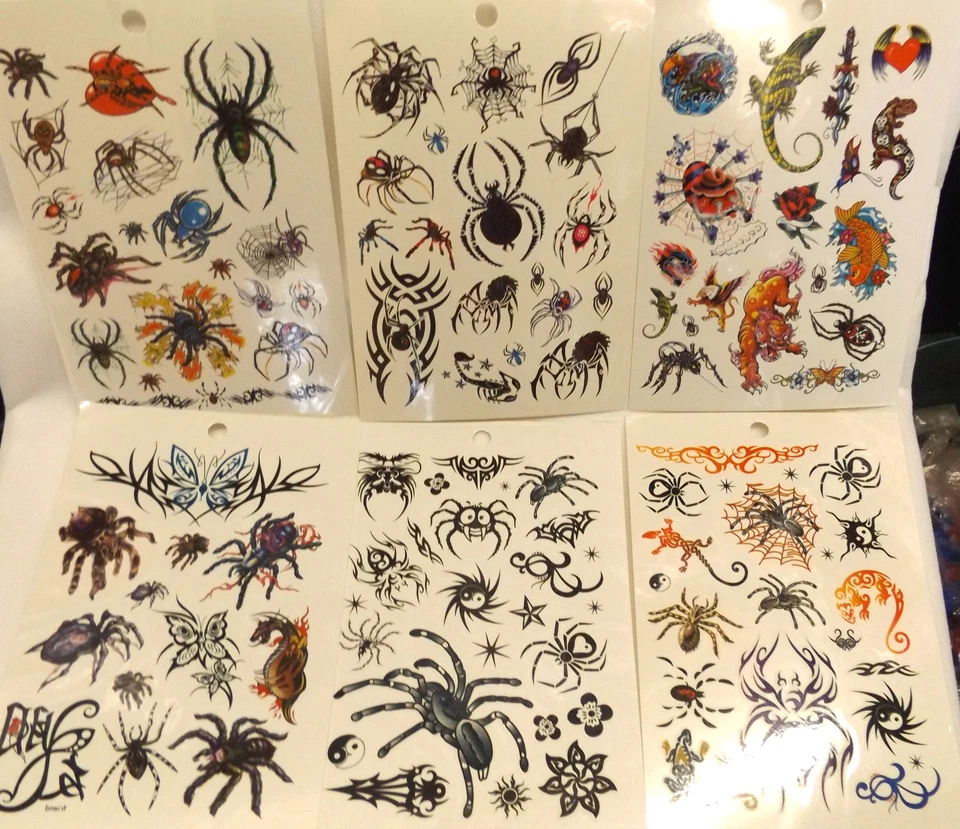 FAT-CATZ-COPY-CATZ 6x SHEETS BOYS MENS HALLOWEEN BLACK TEMPORARY TATTOOS SCARY SPIDERS SKULLS UK
