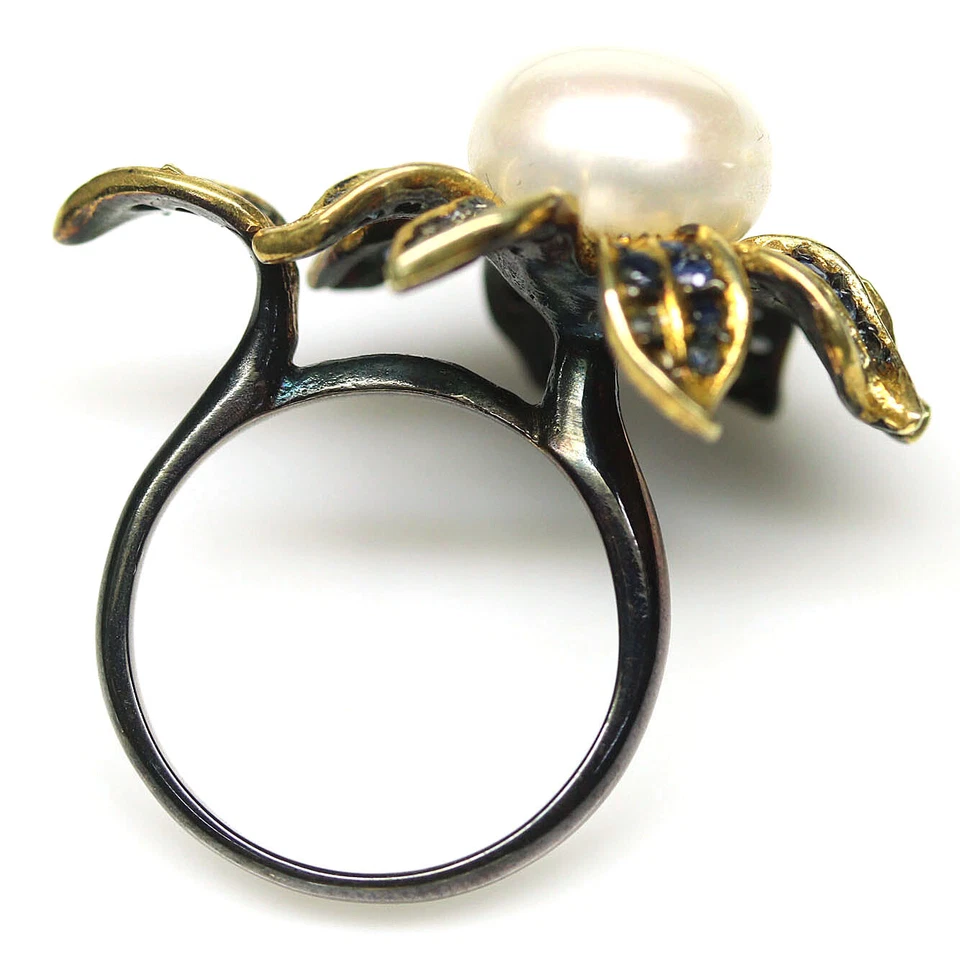 925 Sterling Silber 11 Mm. Weiße Perle & Blaue Saphir Vintage Ring Größe 6,5 - Bild 3 von 4